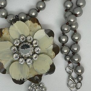 Hand-Painted Cream Floral Pendant Necklace with Crystal Embellishments New